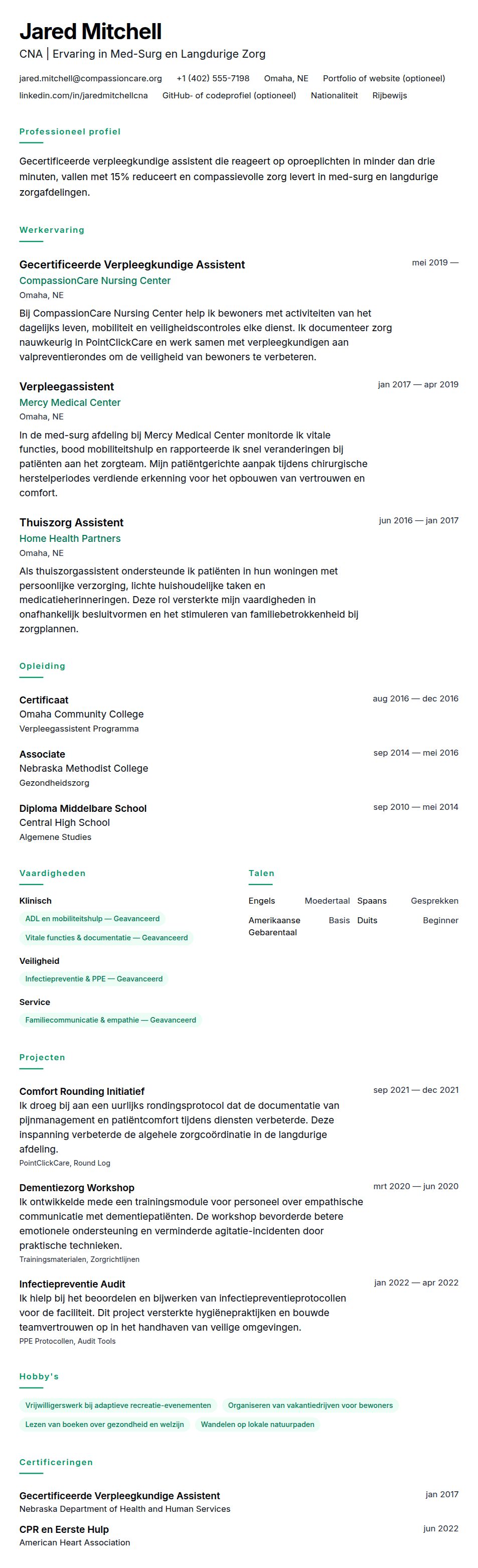 Cv-voorvertoning voor Voorbeeld CV Gecertificeerde Verpleegkundige Assistent (CNA)