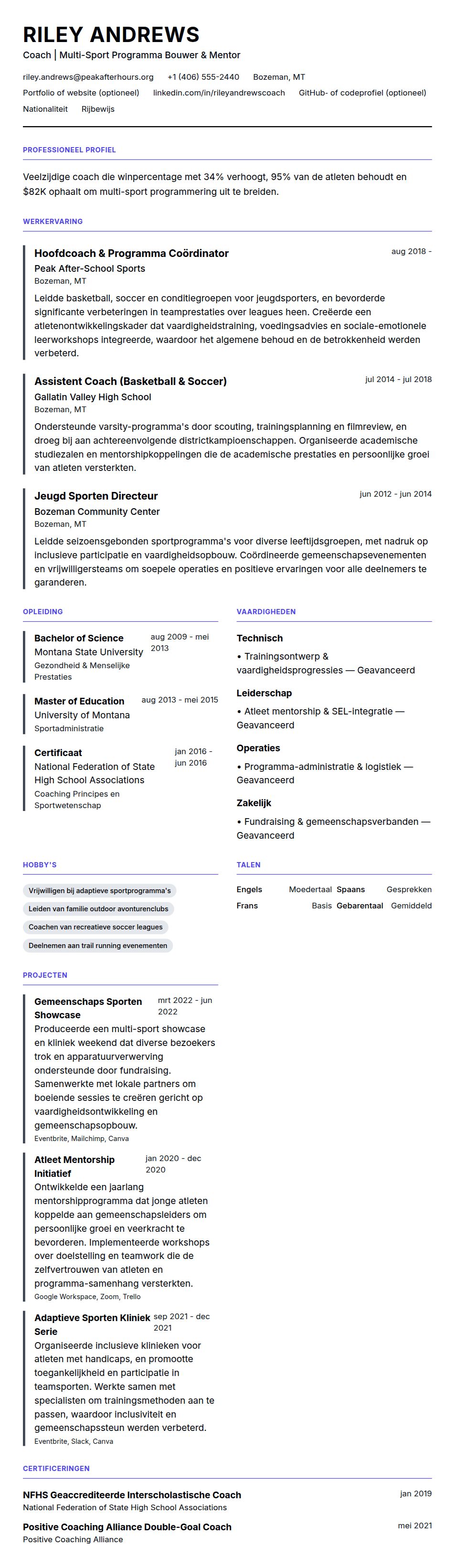 Cv-voorvertoning voor Coach CV-voorbeeld