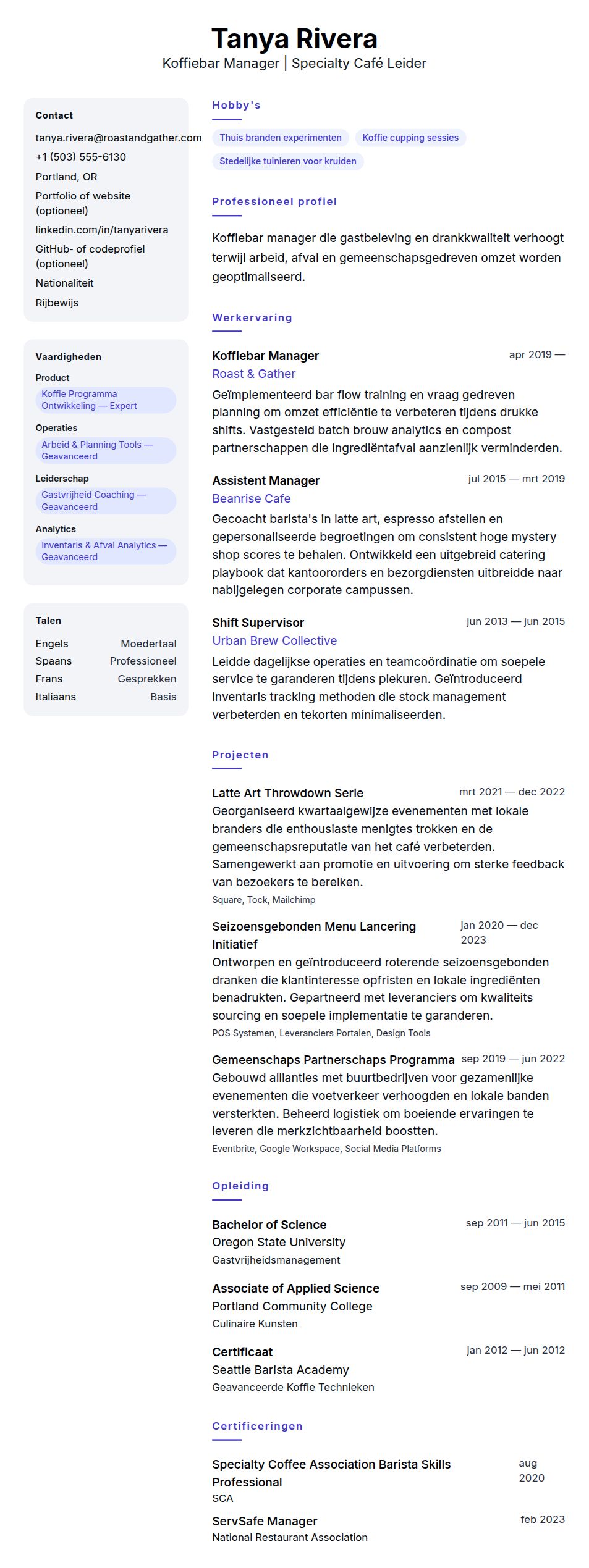 Voorbeeld CV Koffiebar Manager
