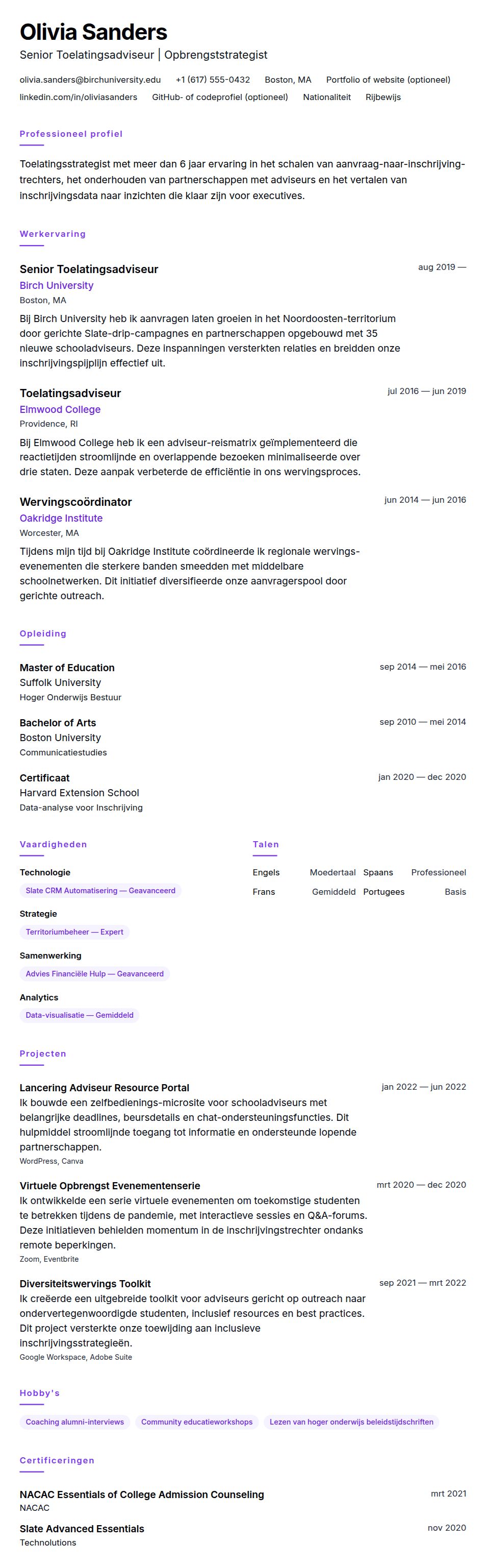Cv-voorvertoning voor Voorbeeld CV Toelatingsadviseur Hoger Onderwijs
