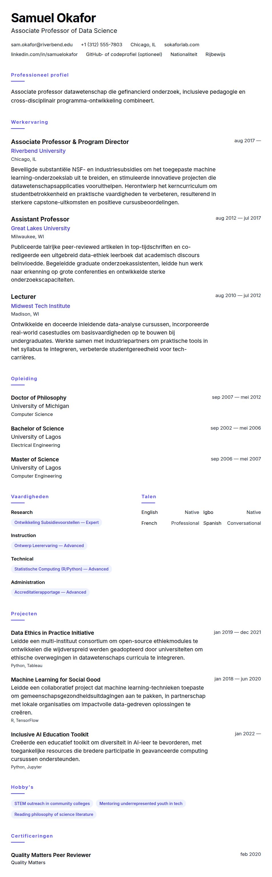 Voorbeeld CV College Professor