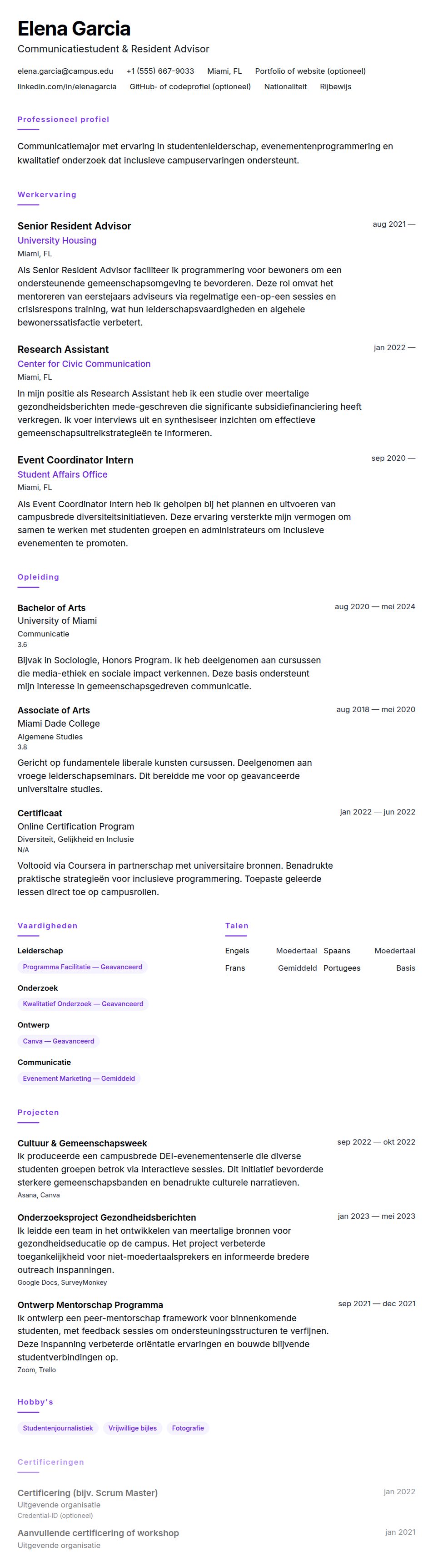 Cv-voorvertoning voor Voorbeeld CV College Student