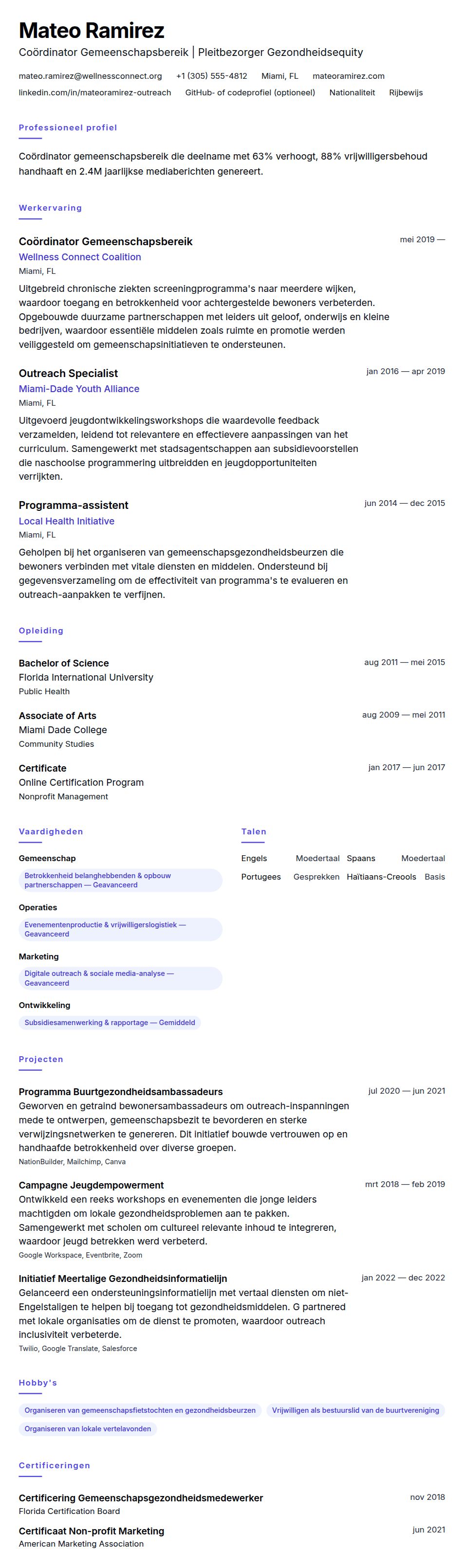 Cv-voorvertoning voor Voorbeeld CV Coördinator Gemeenschapsbereik