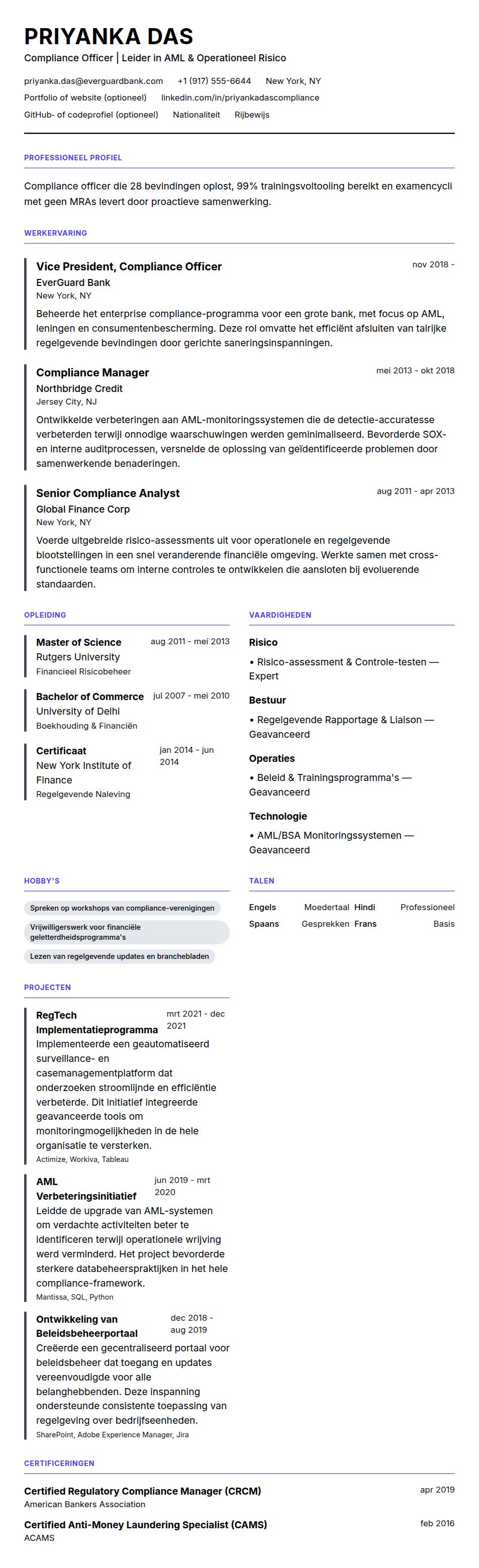 Cv-voorvertoning voor Voorbeeld van een cv voor Compliance Officer