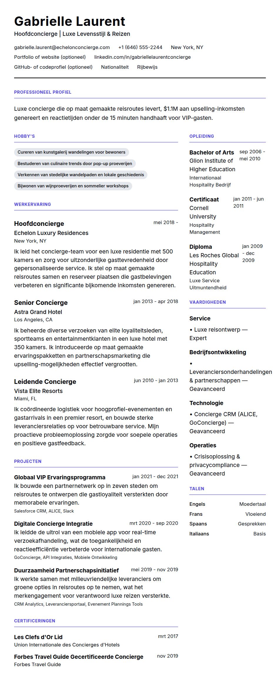 Cv-voorvertoning voor Concierge CV Voorbeeld