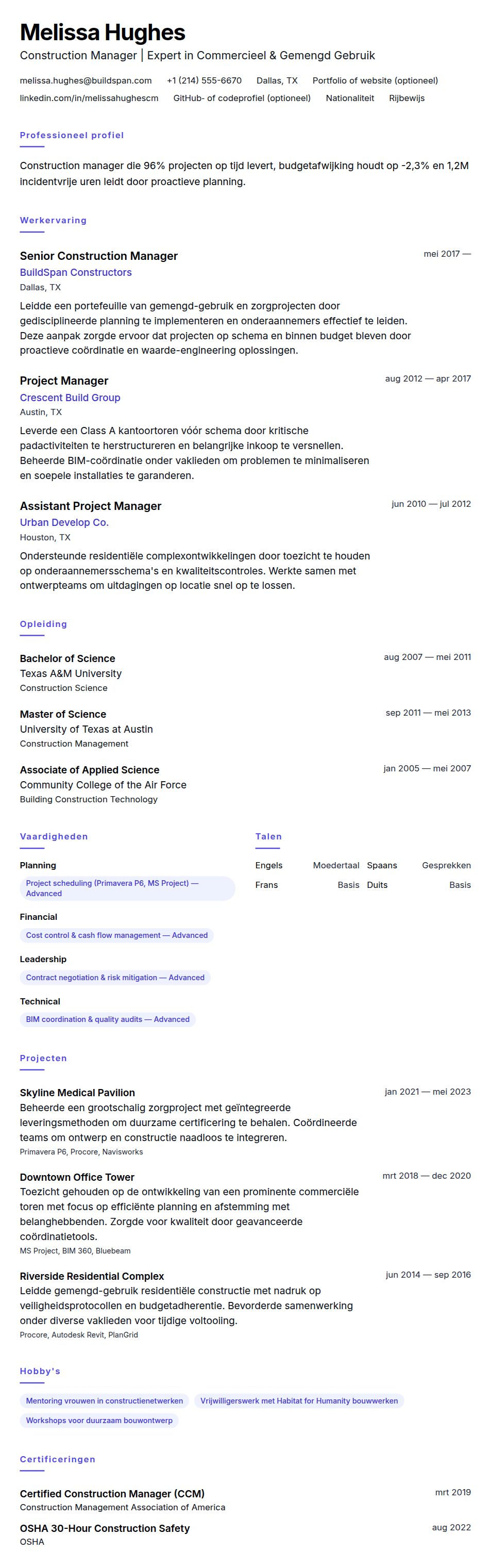 Construction Manager Voorbeeld CV