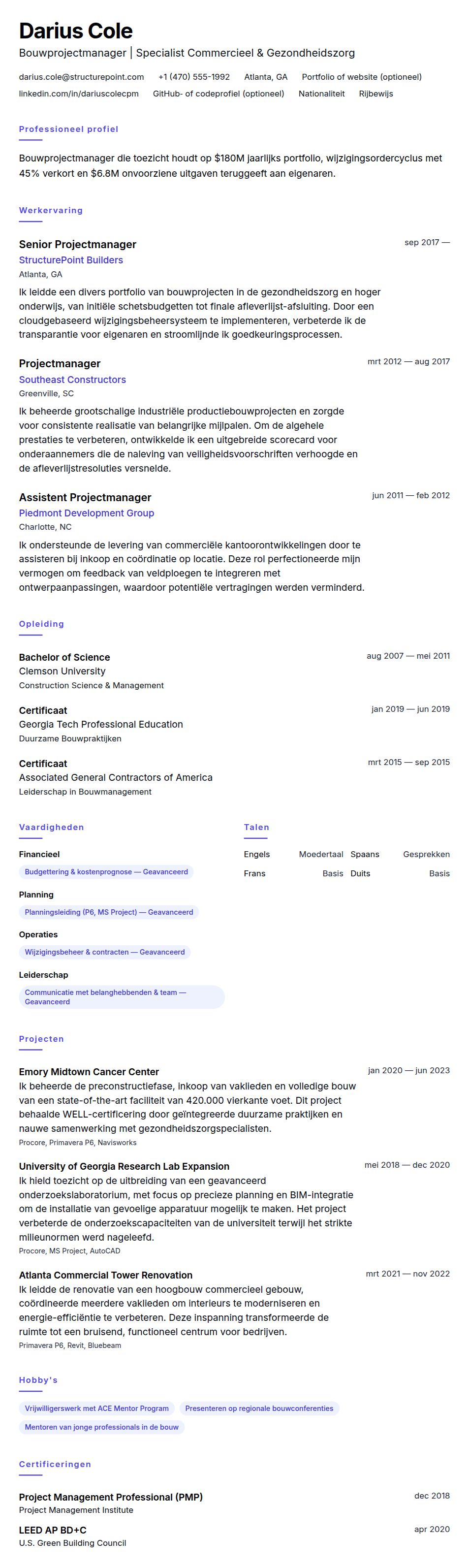 Voorbeeld cv Bouwprojectmanager