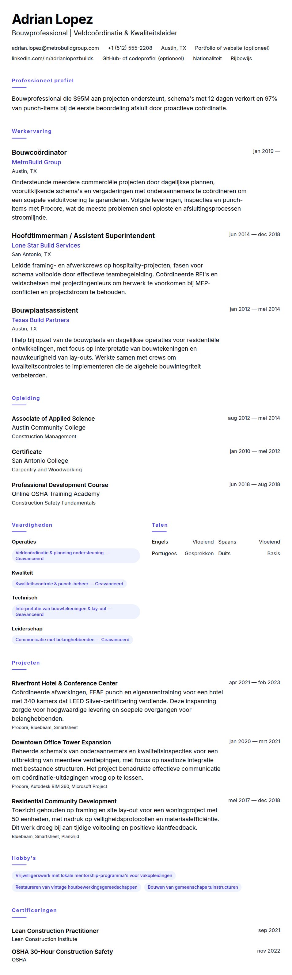Cv-voorvertoning voor Voorbeeld cv Bouwprofessional