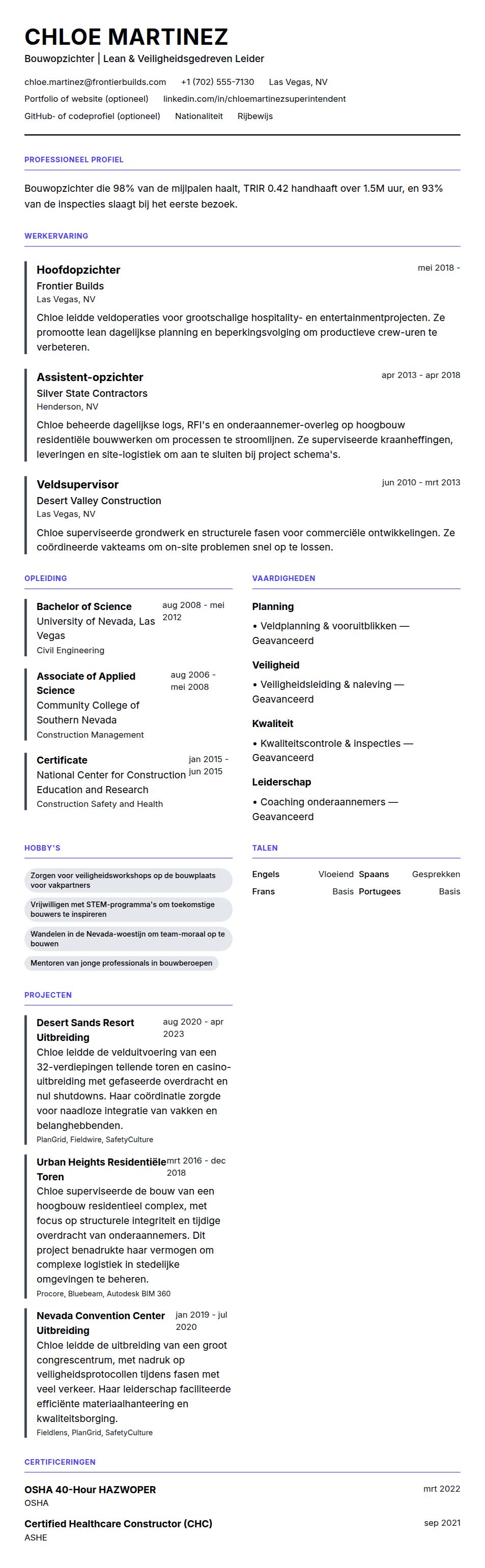 Cv-voorvertoning voor Voorbeeld CV Bouwopzichter