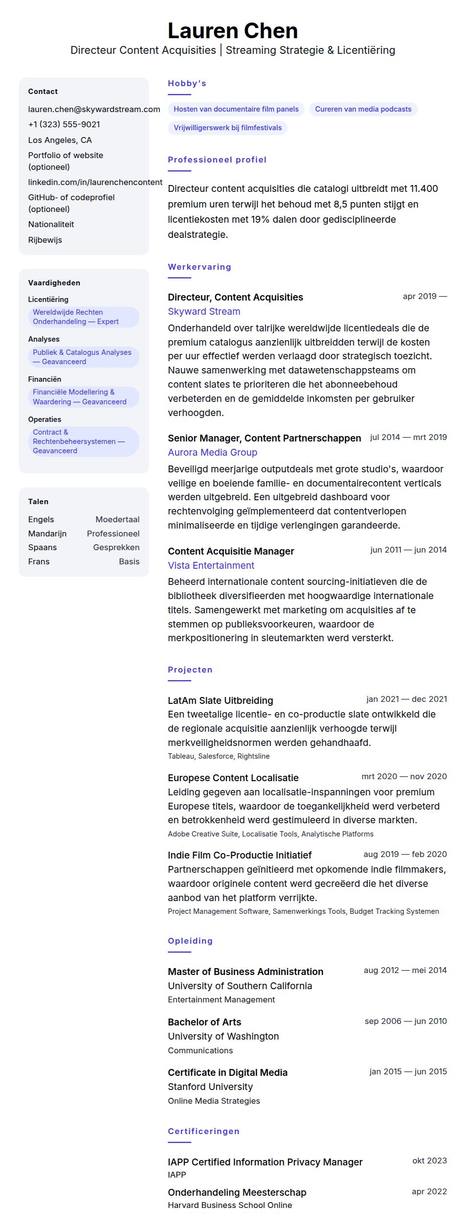 Cv-voorvertoning voor Voorbeeld CV Directeur Content Acquisities
