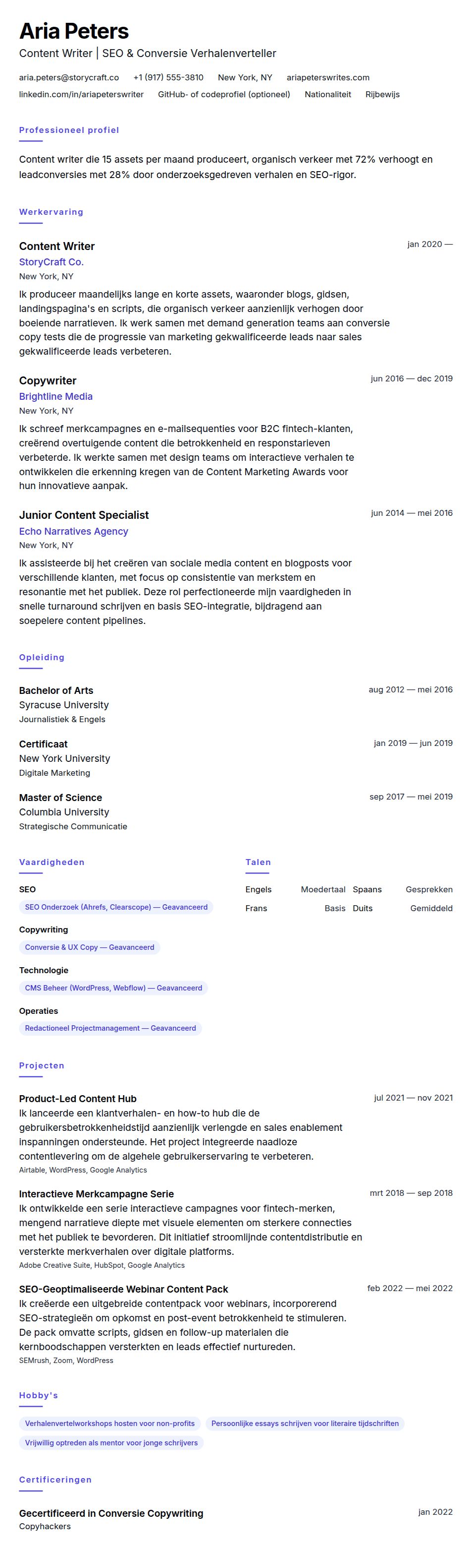 Cv-voorvertoning voor Voorbeeld van Content Writer CV