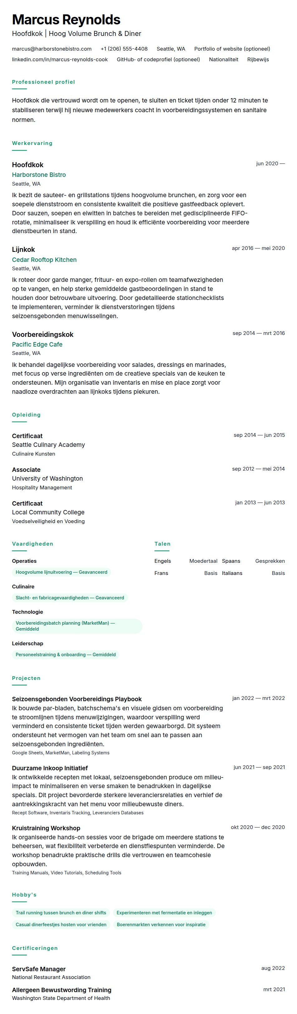 Cv-voorvertoning voor Voorbeeld CV Kok