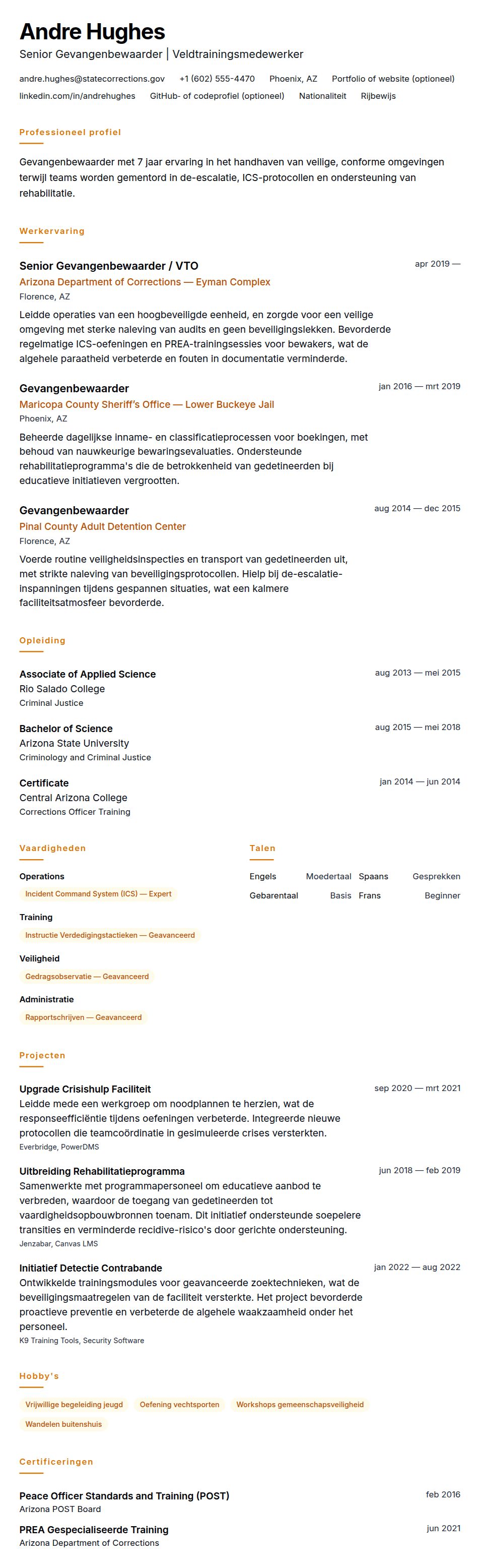 Voorbeeld CV Gevangenbewaarder