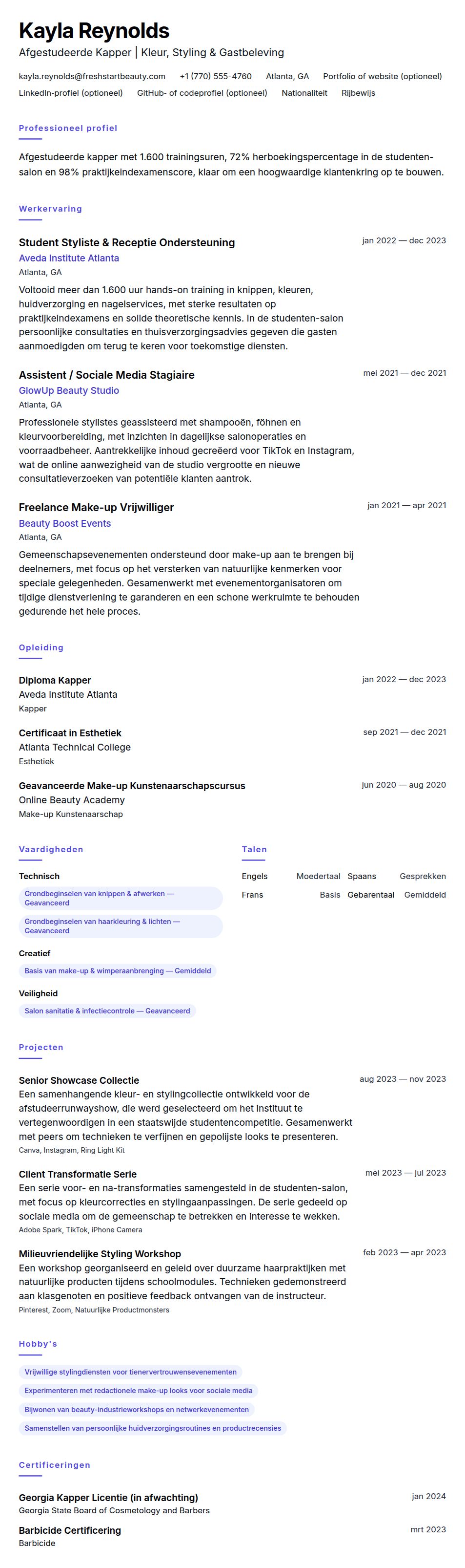 Voorbeeld CV Afgestudeerde Kapper