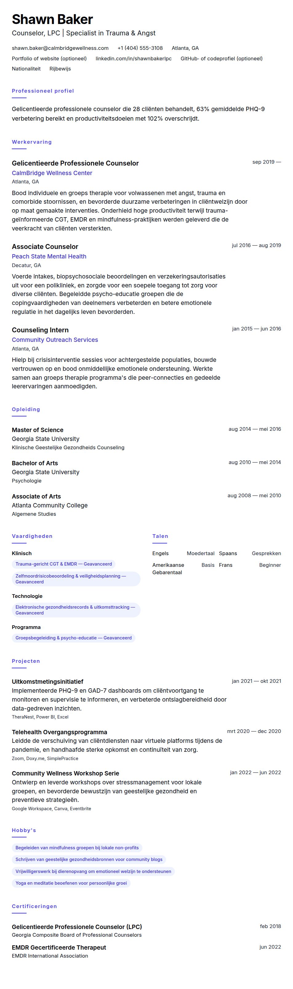 Cv-voorvertoning voor Voorbeeld Counselor CV