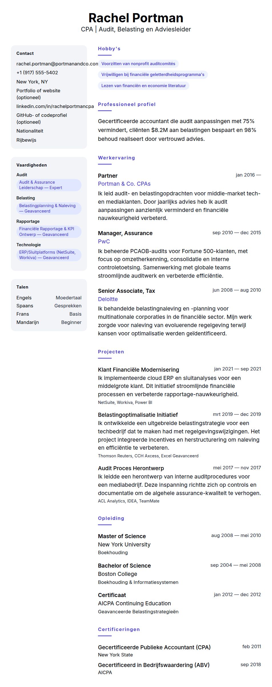 Cv-voorvertoning voor Voorbeeld CV Gecertificeerde Accountant