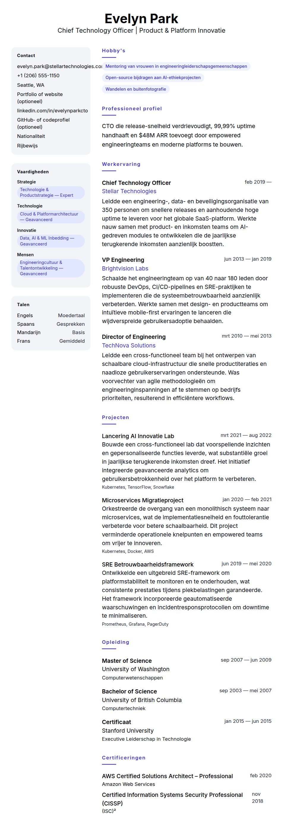 Cv-voorvertoning voor Voorbeeld cv Chief Technology Officer