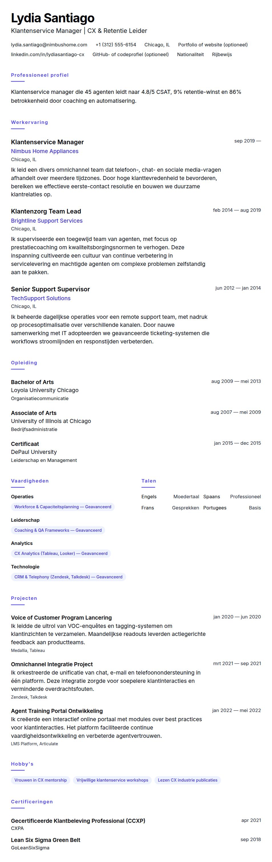 Cv-voorvertoning voor Klantenservice Manager CV Voorbeeld