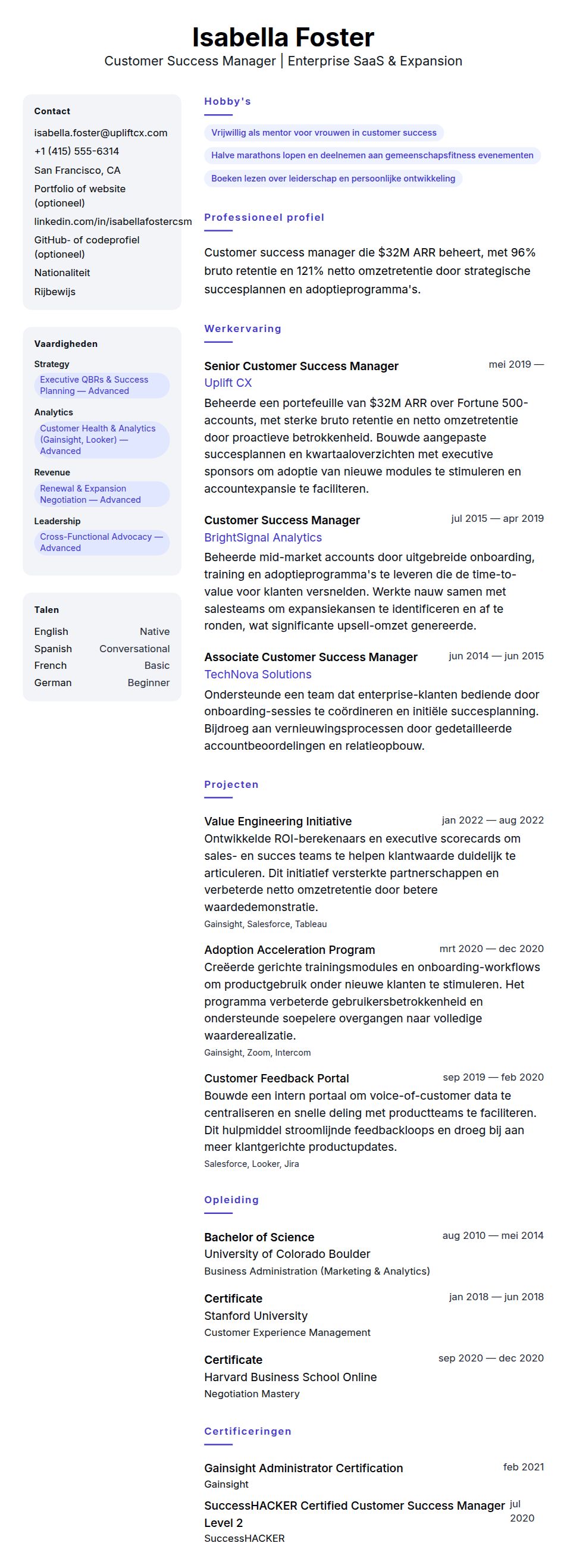 Cv-voorvertoning voor Voorbeeld cv Customer Success Manager
