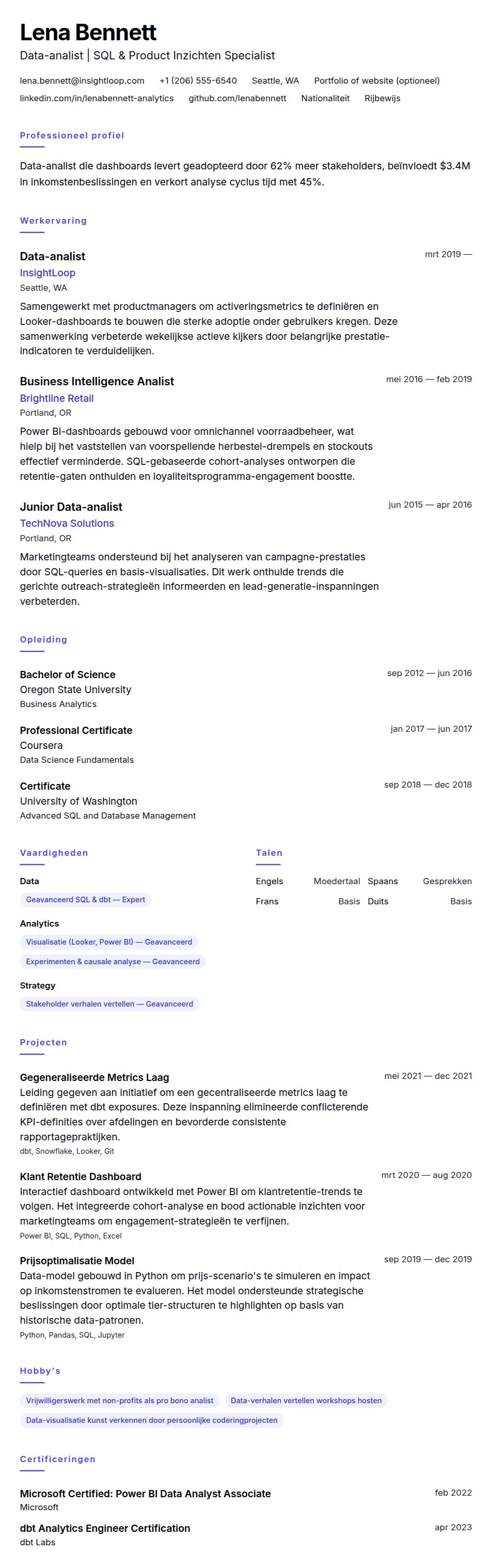 Voorbeeld cv Data-analist