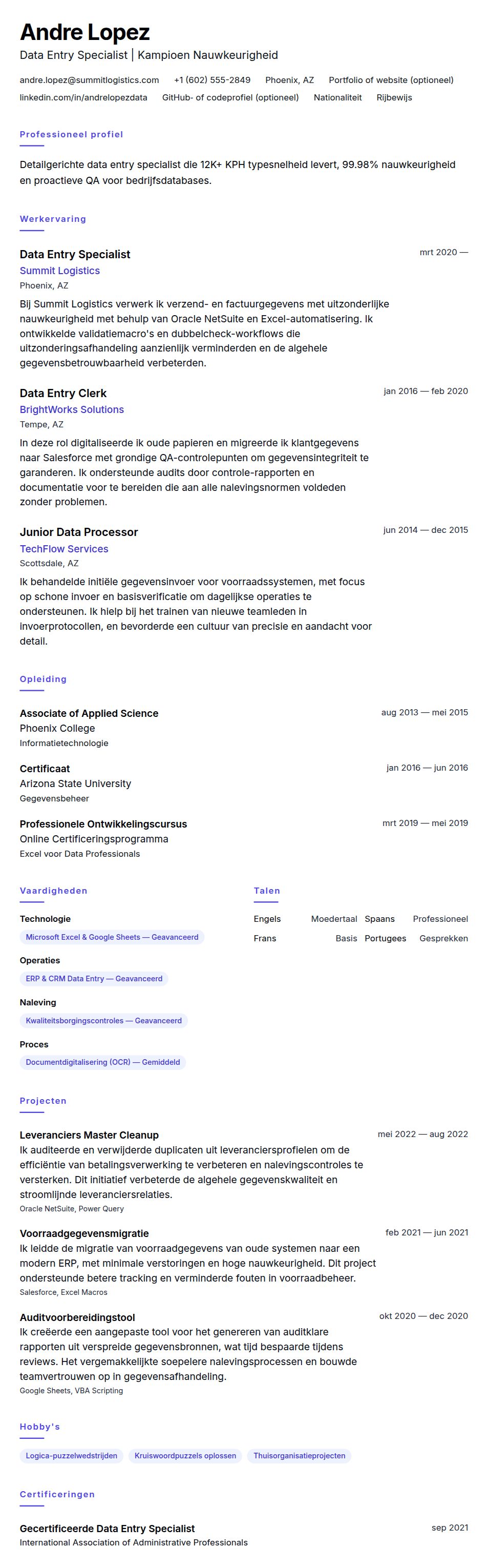 Cv-voorvertoning voor Voorbeeld CV Data Entry Specialist