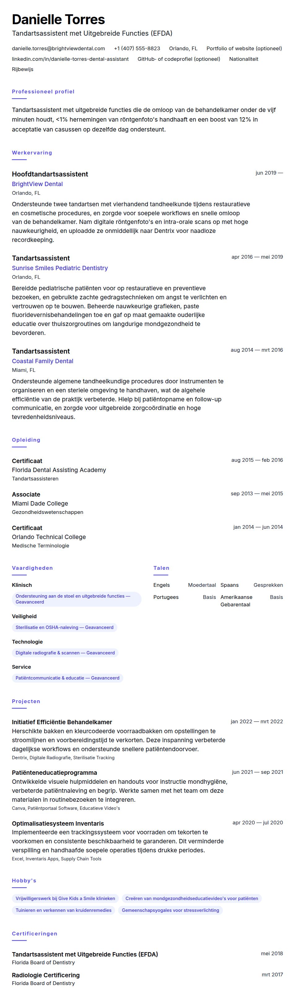Cv-voorvertoning voor Voorbeeld CV Tandartsassistent
