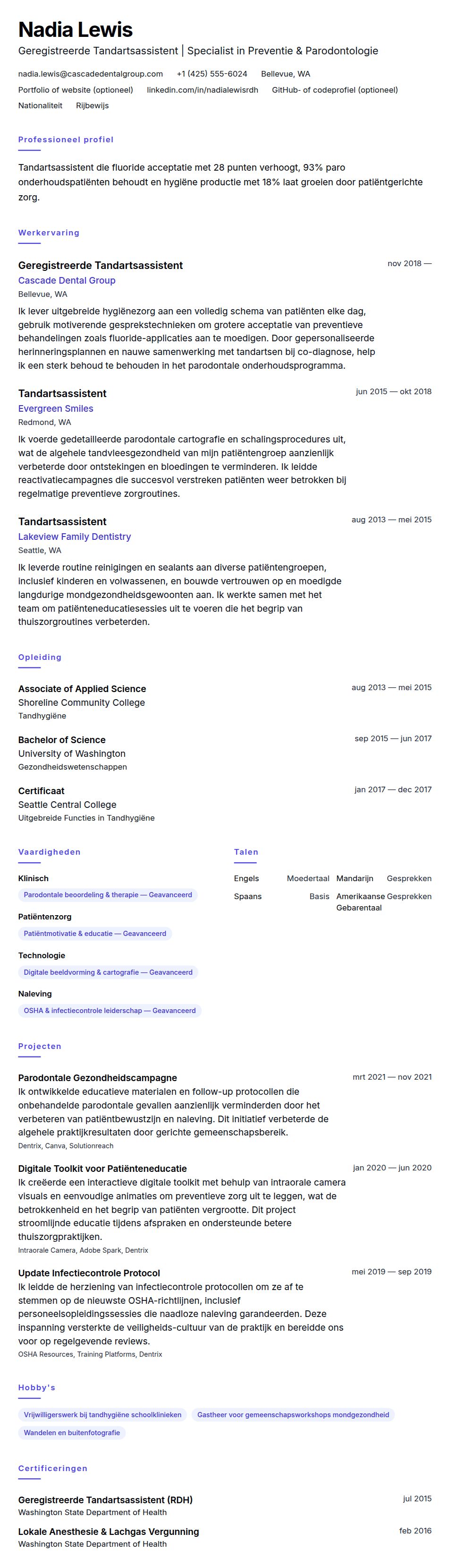 Cv-voorvertoning voor Voorbeeld CV Tandartsassistent