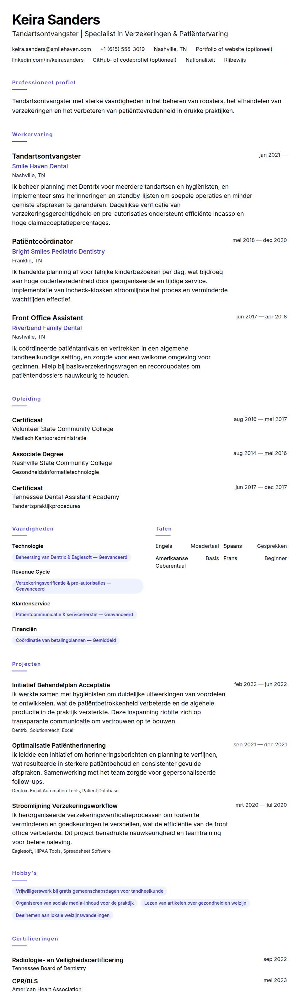 Cv-voorvertoning voor Voorbeeld CV Tandartsontvangster