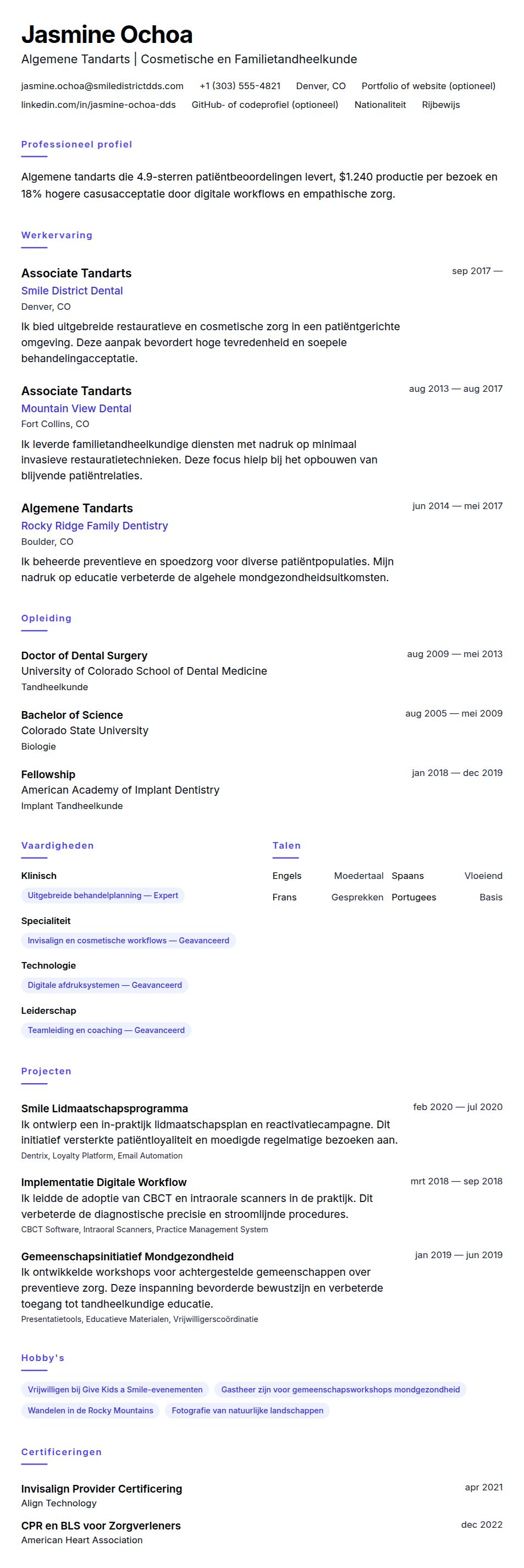 Cv-voorvertoning voor Tandarts CV Voorbeeld