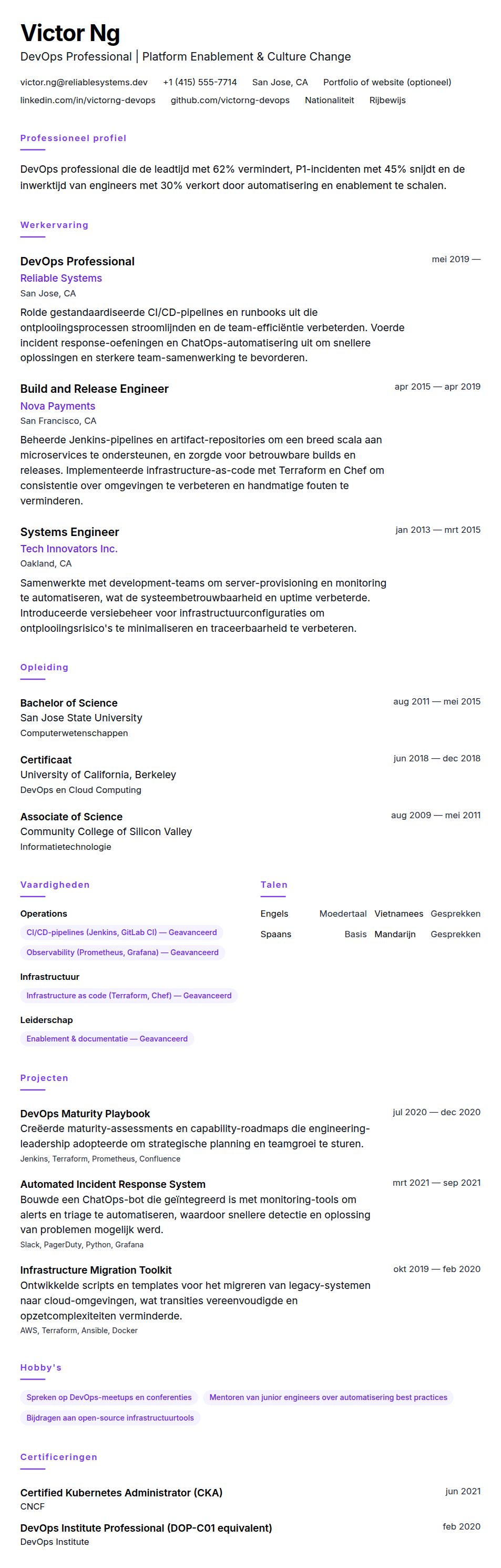 Cv-voorvertoning voor Voorbeeld CV DevOps Professional