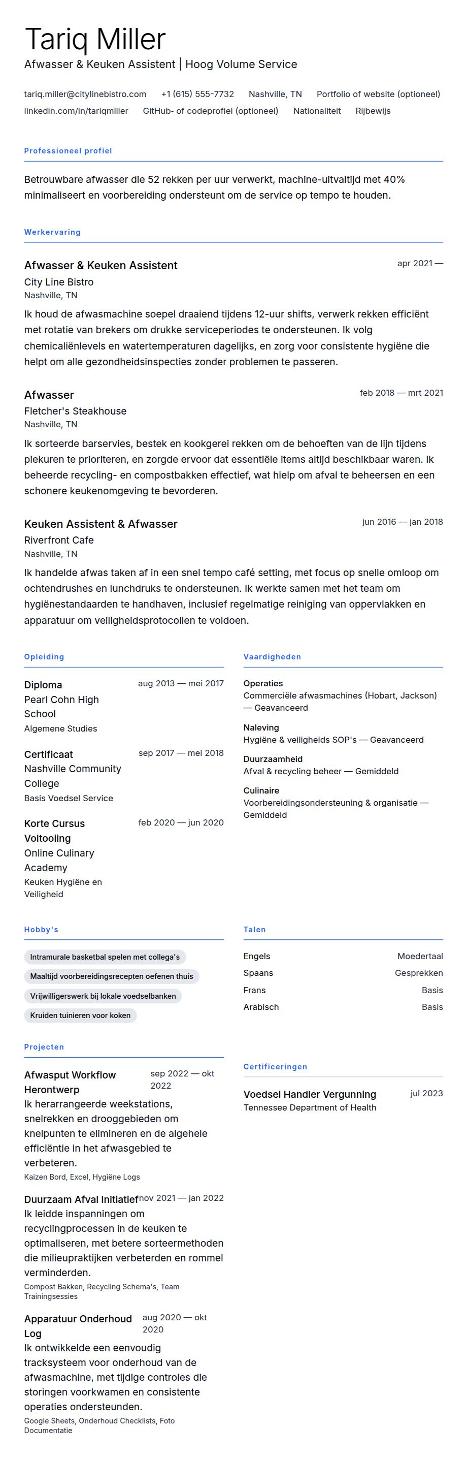Cv-voorvertoning voor Voorbeeld CV Afwasser