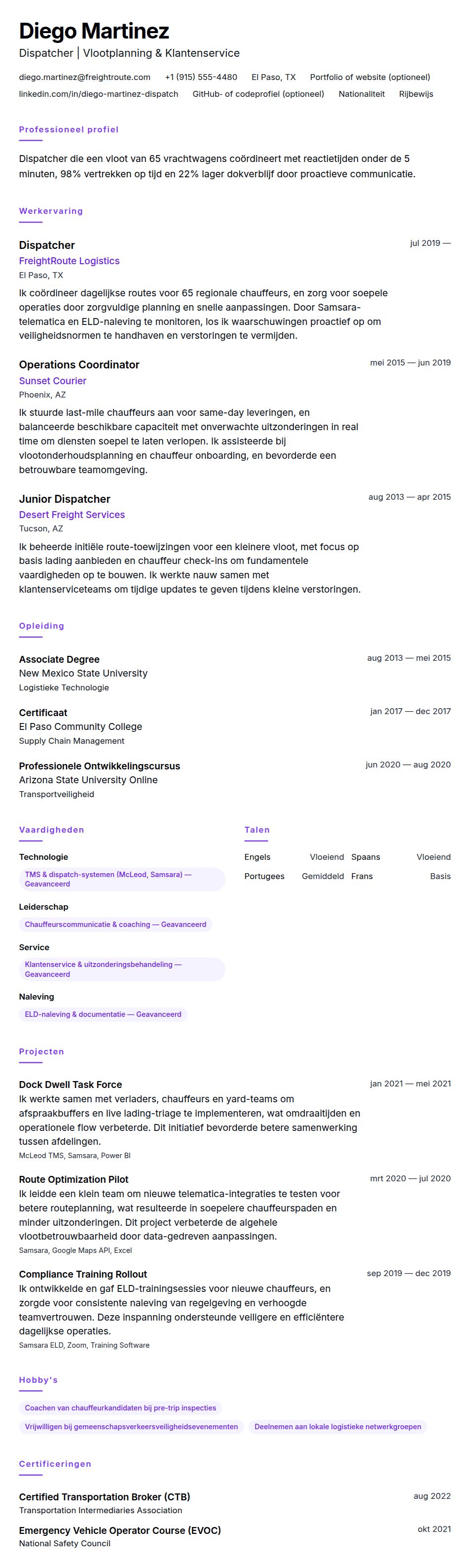 Cv-voorvertoning voor Voorbeeld CV Dispatcher