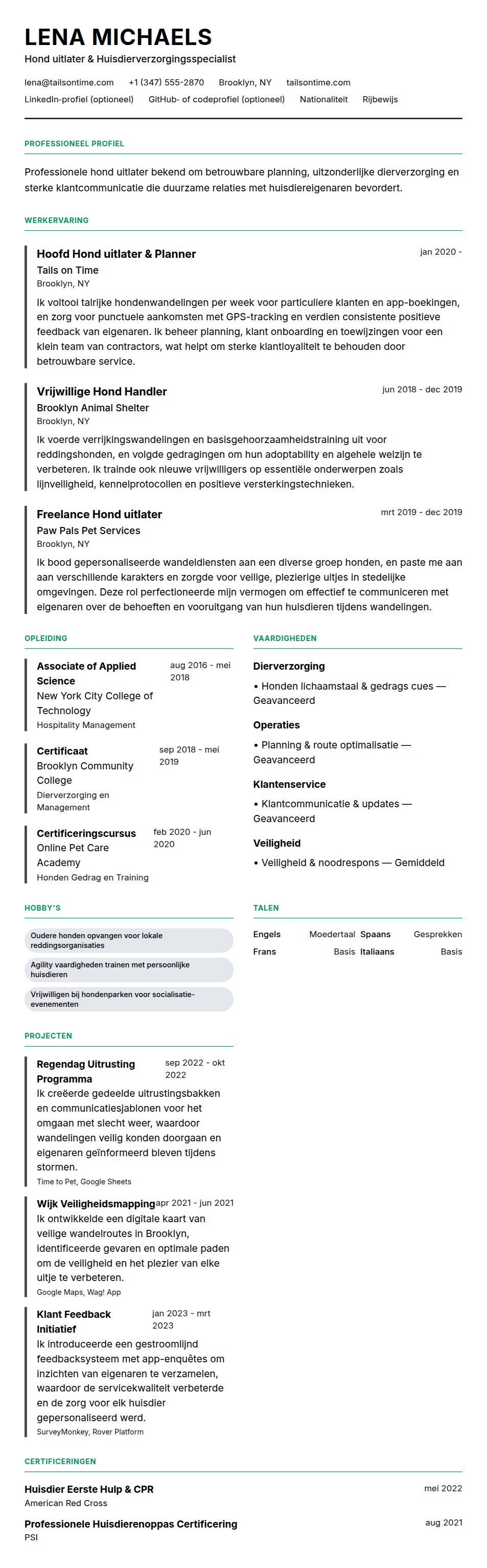 Cv-voorvertoning voor Voorbeeld CV Hond uitlater