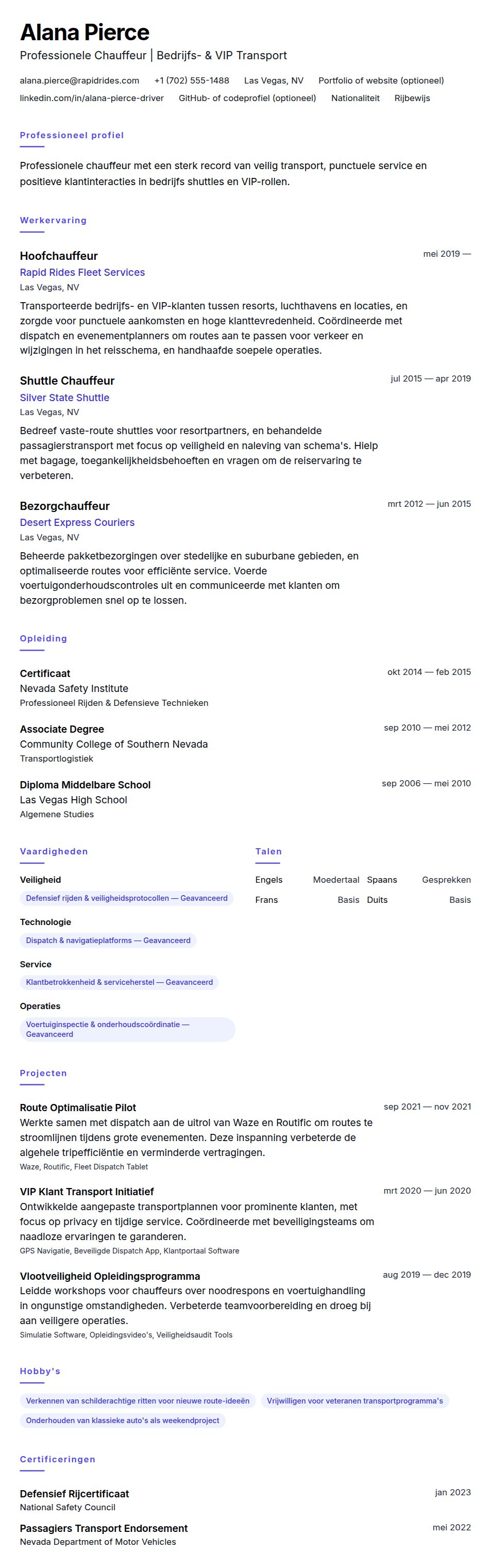 Voorbeeld Chauffeur CV