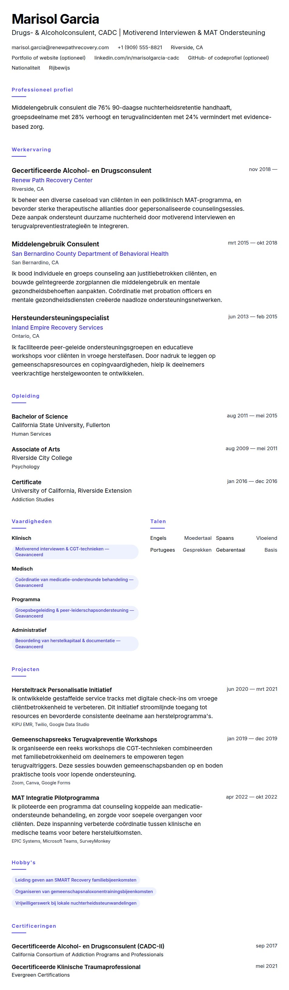 Voorbeeld cv Drugs- en Alcoholconsulent
