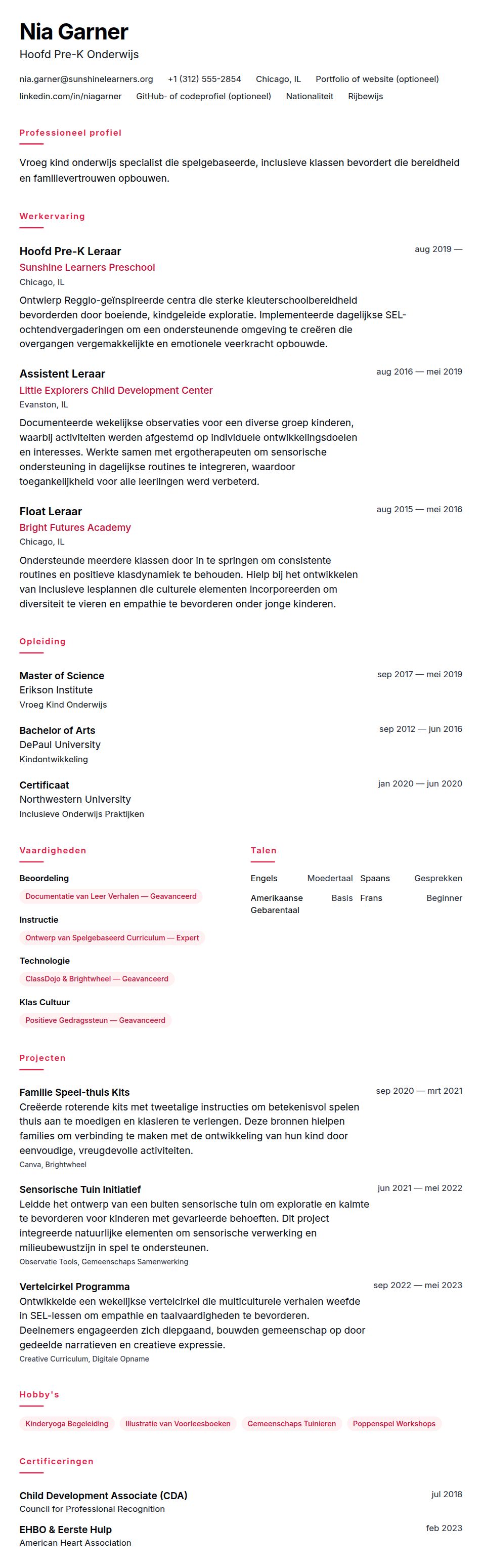 Cv-voorvertoning voor Voorbeeld CV Vroeg Kind Onderwijs Specialist