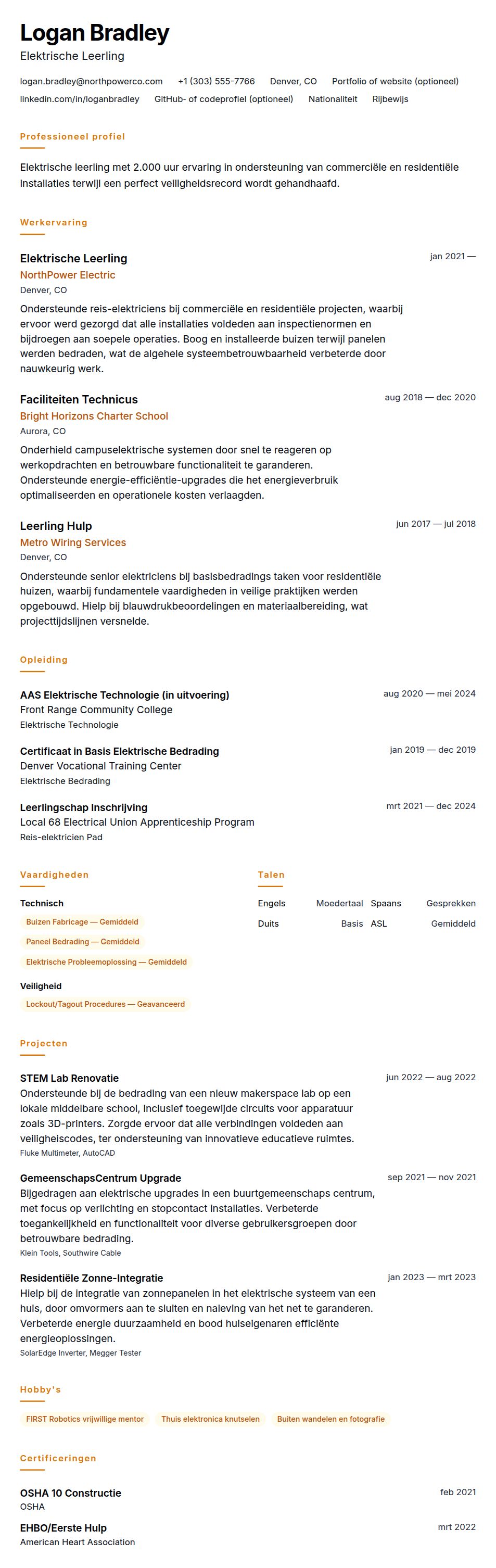 Cv-voorvertoning voor Voorbeeld CV Elektricien Leerling