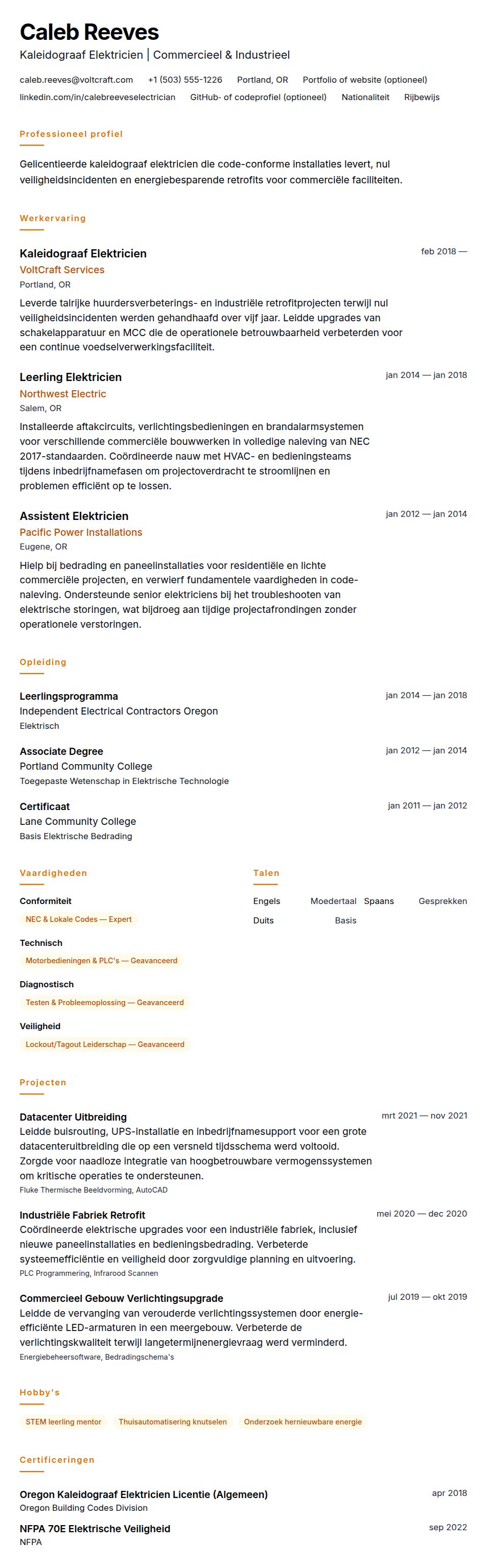 Cv-voorvertoning voor Voorbeeld CV Elektricien
