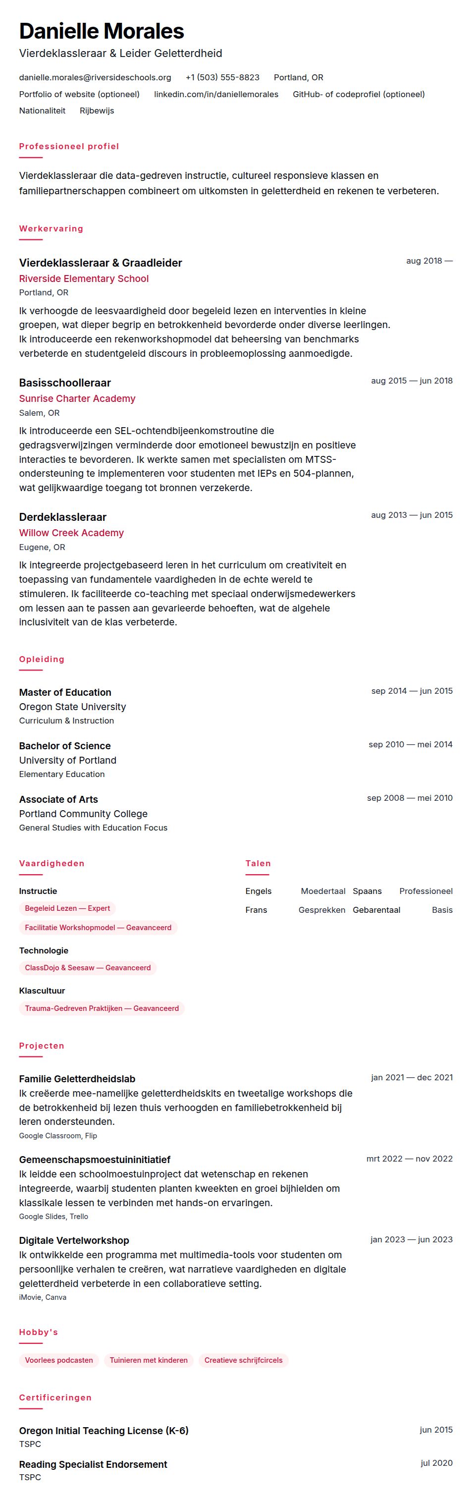 Cv-voorvertoning voor Voorbeeld cv Basisschoolleraar
