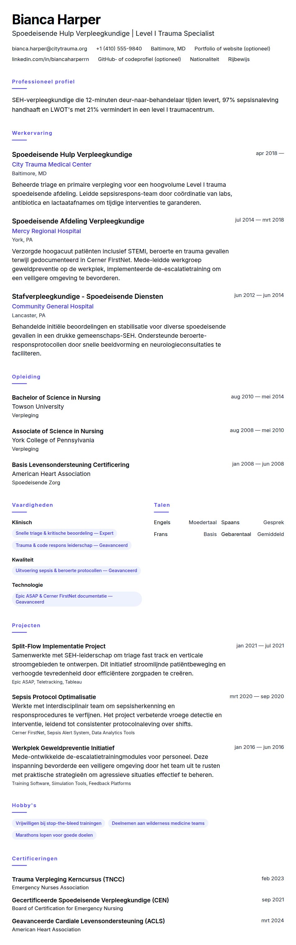 Cv-voorvertoning voor Spoedeisende Hulp (SEH) Verpleegkundige CV Voorbeeld