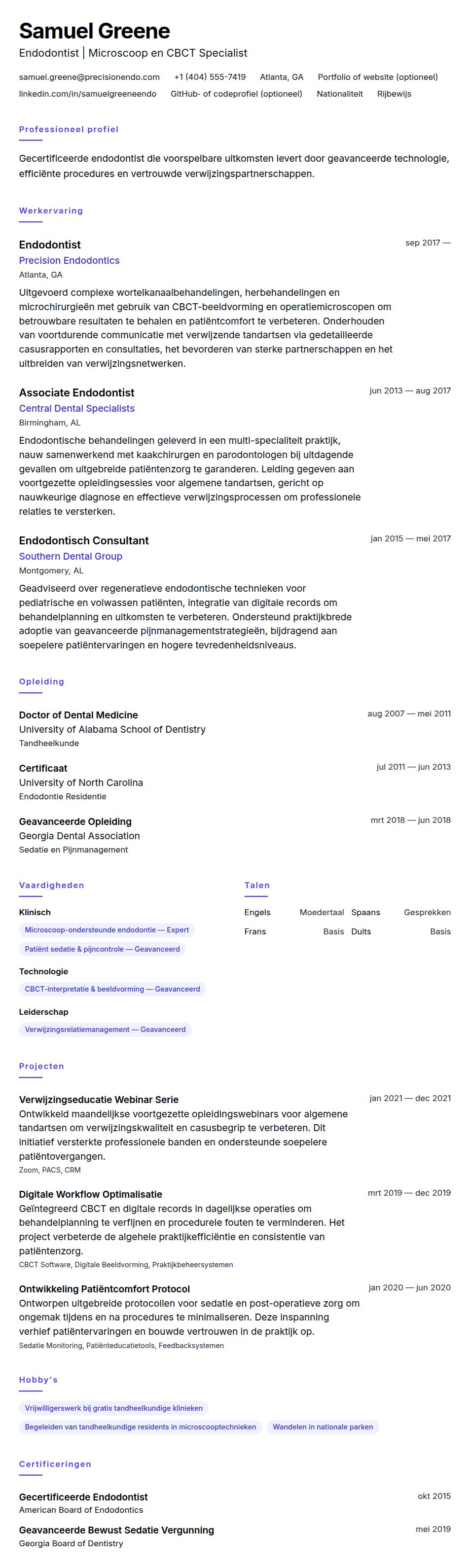 Cv-voorvertoning voor Voorbeeld Endodontist CV