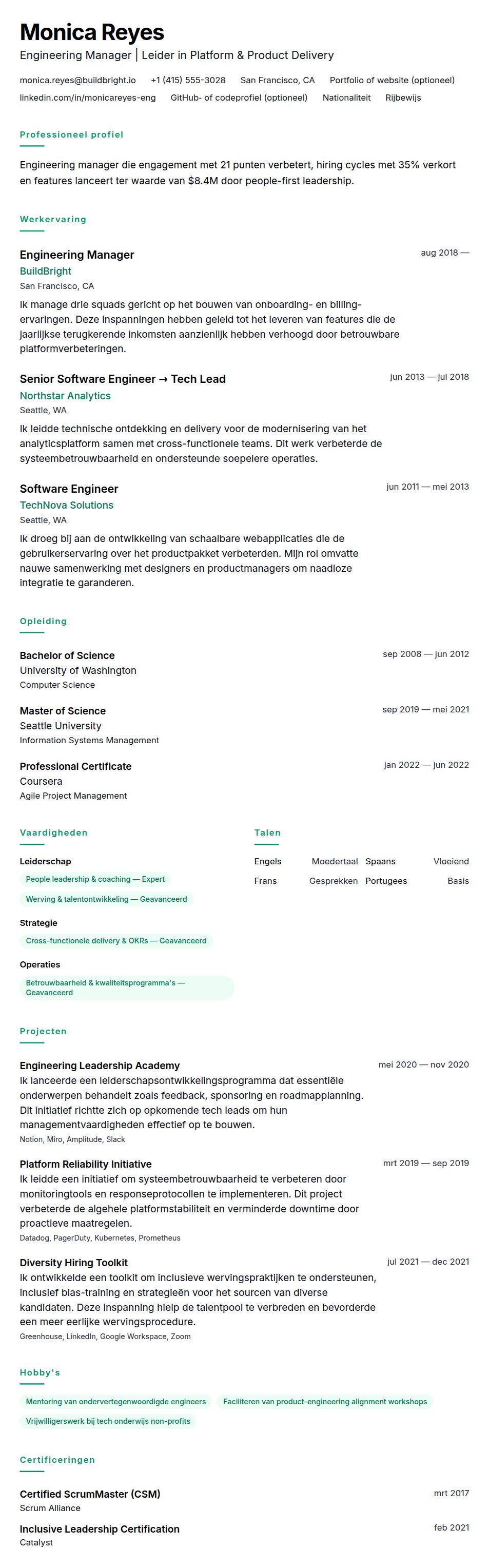 Cv-voorvertoning voor Voorbeeld cv Engineering Manager