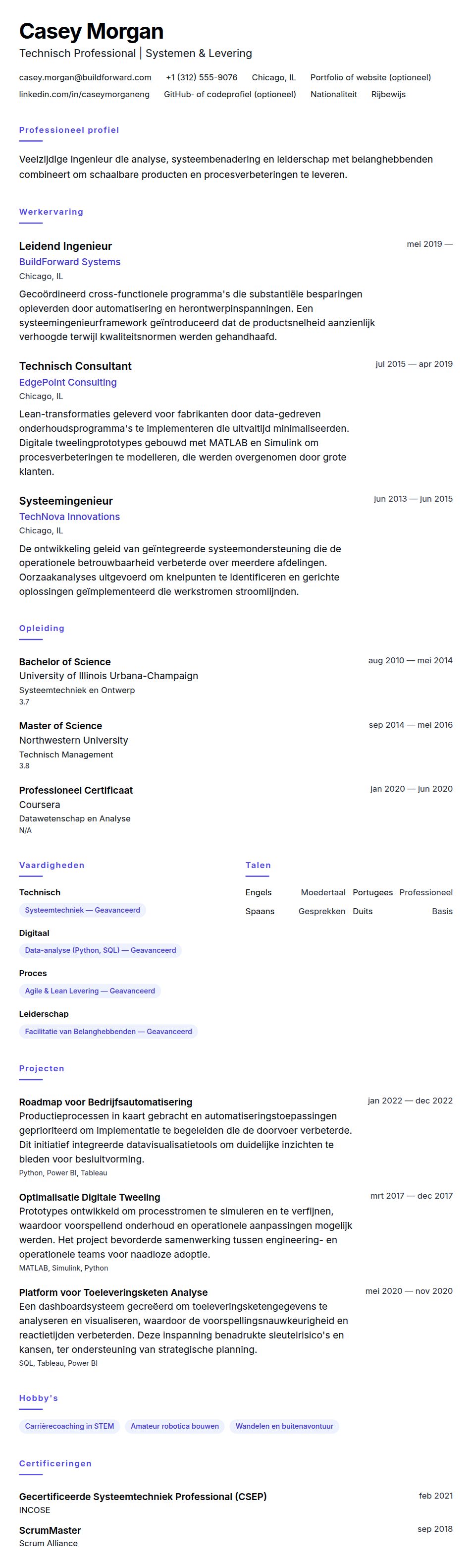 Cv-voorvertoning voor Voorbeeld Technisch CV