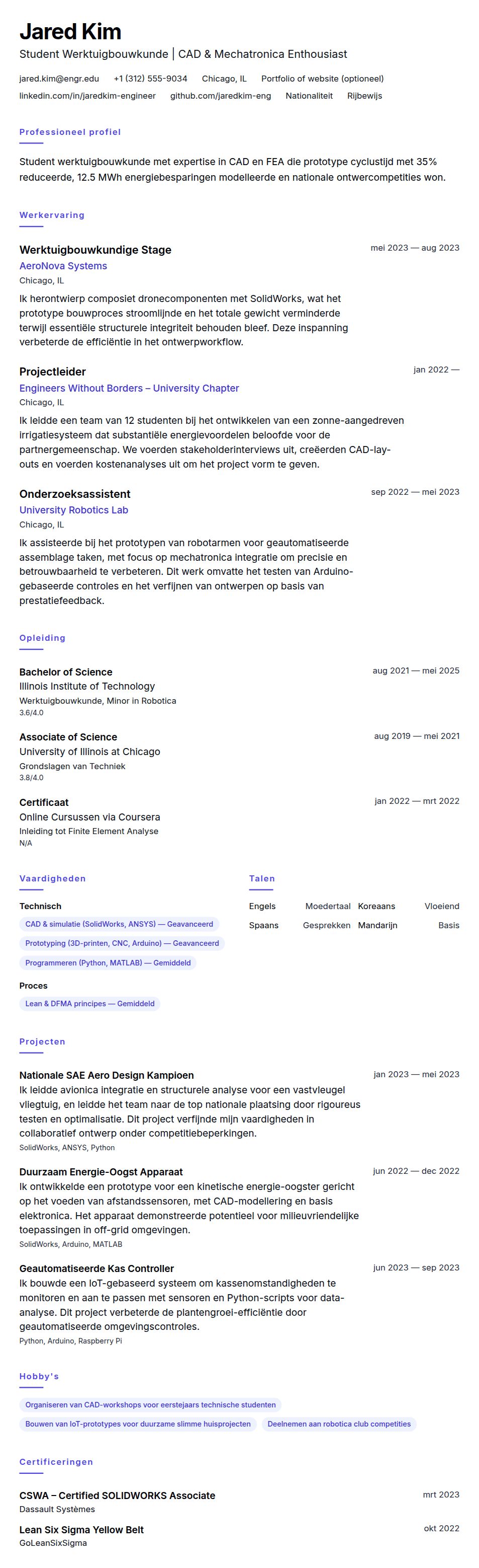 Voorbeeld CV Technisch Student