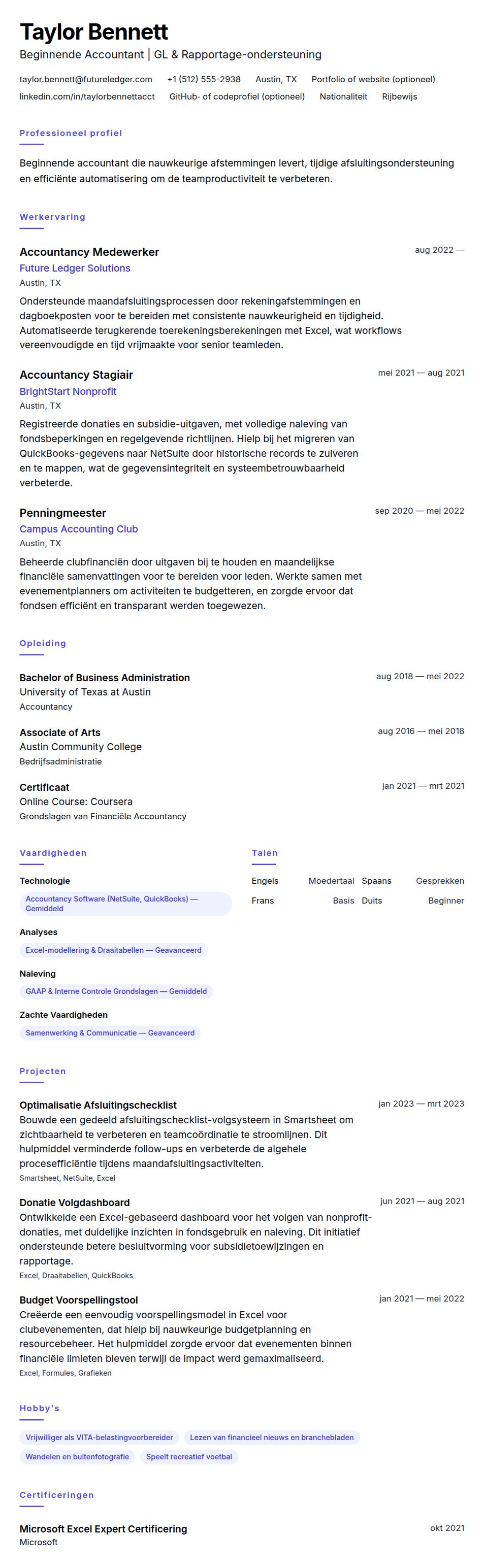 Cv-voorvertoning voor Voorbeeld CV voor Beginnende Accountant