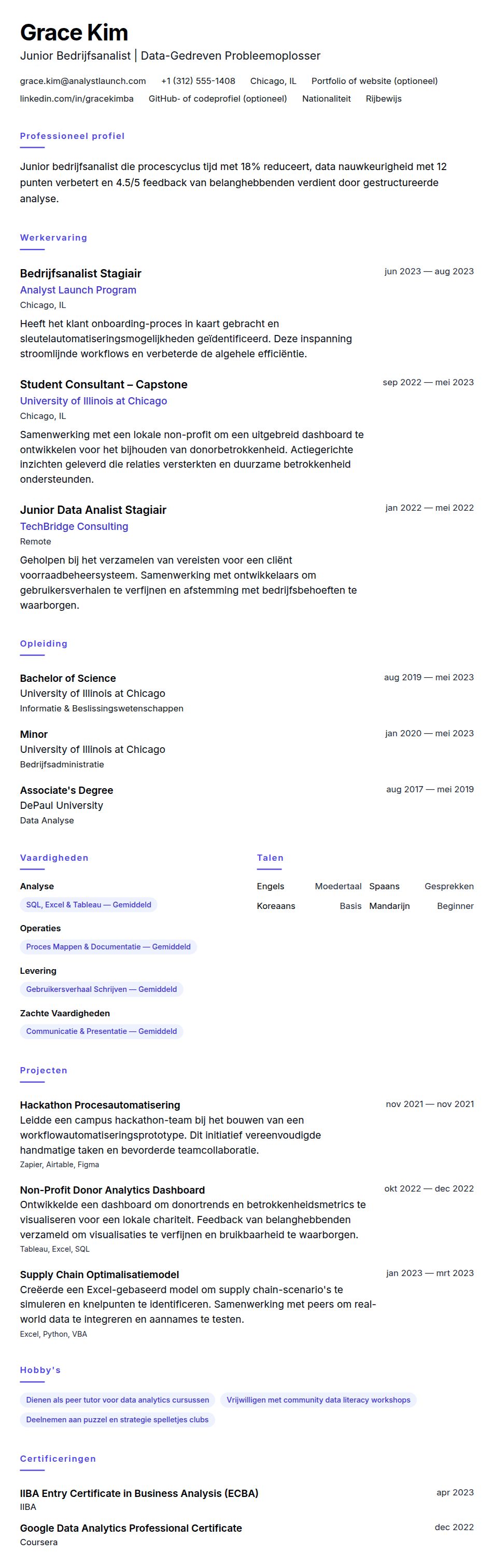 Voorbeeld CV Junior Bedrijfsanalist