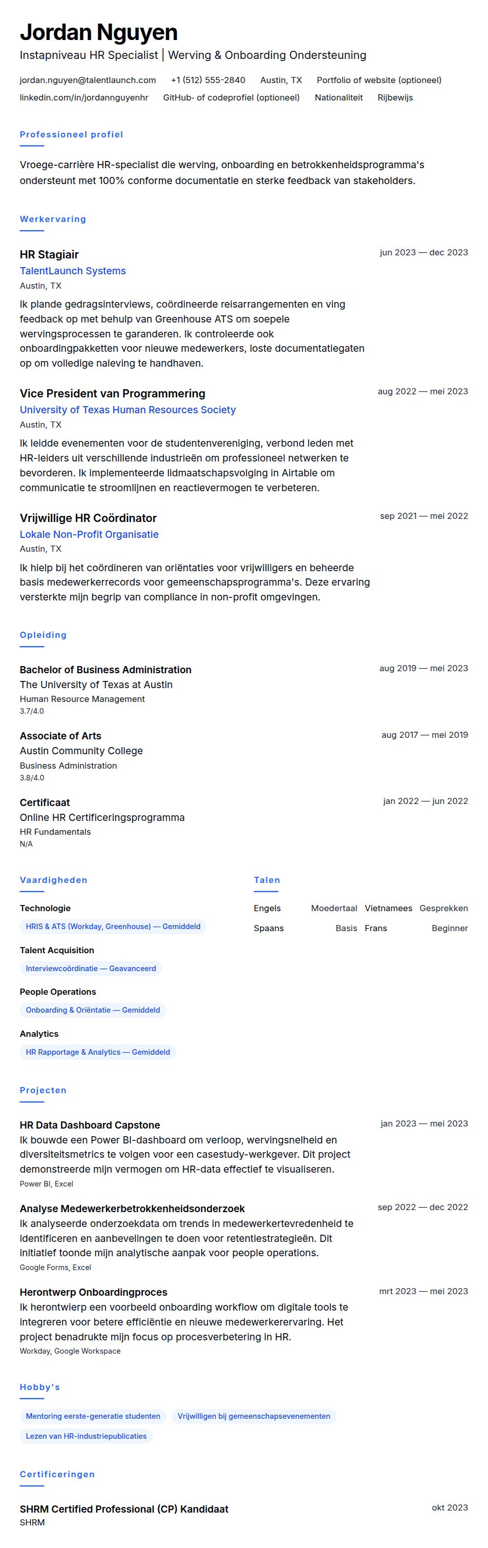 Voorbeeld CV Instapniveau HR Specialist