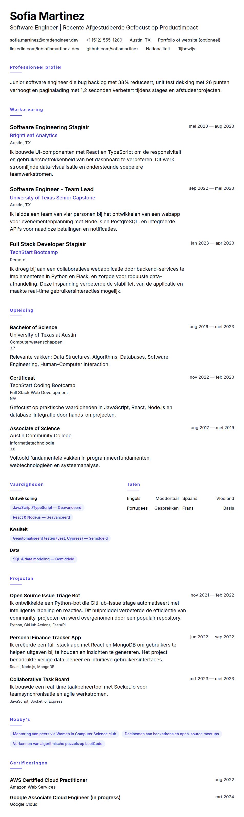 Cv-voorvertoning voor Voorbeeld CV Junior Software Engineer