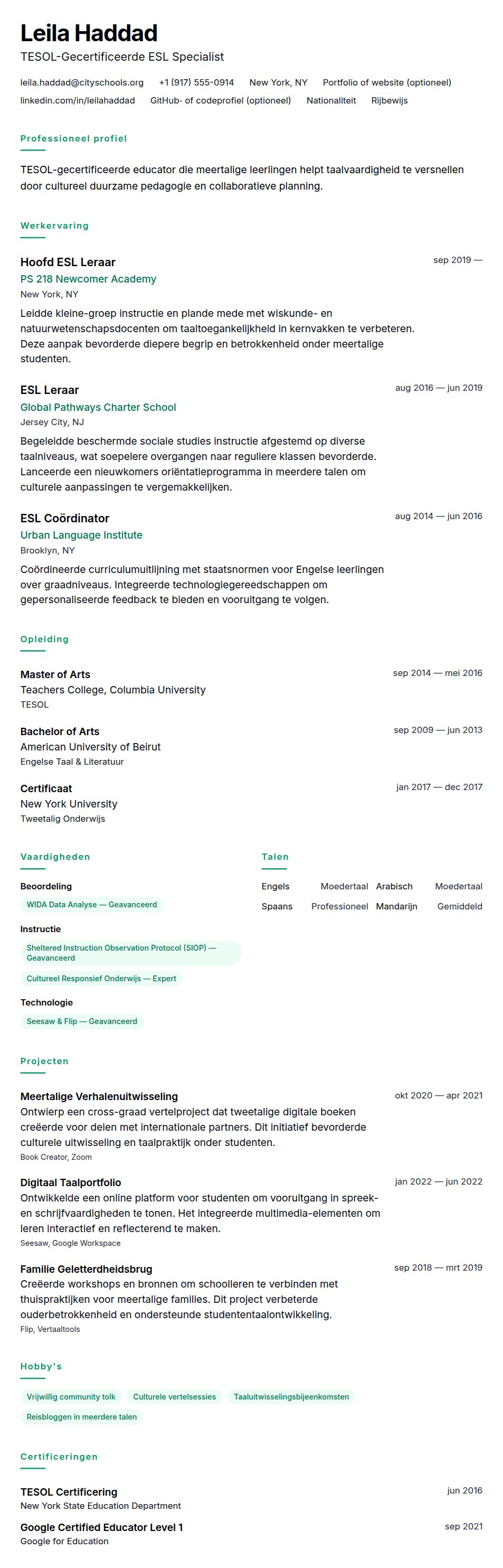Cv-voorvertoning voor ESL Leraar CV Voorbeeld
