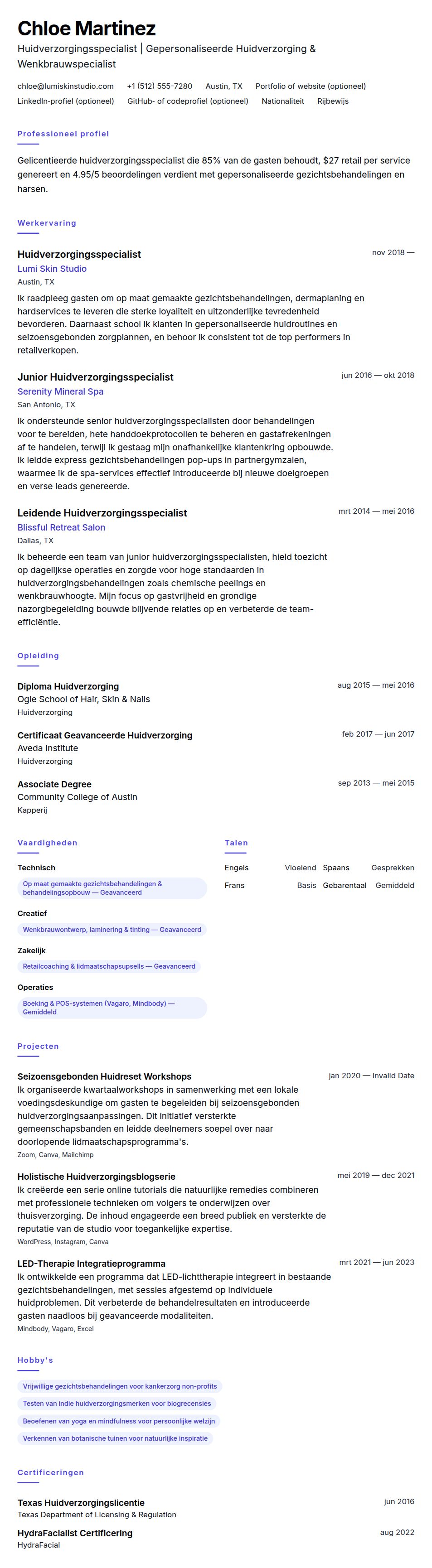 Cv-voorvertoning voor Voorbeeld cv Huidverzorgingsspecialist